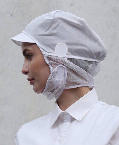 C-140-1 백색 챙부드러운 턱 완망사 위생모자 (마스크고리형)