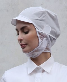C-140-1 백색 챙부드러운 턱 완망사 위생모자 (마스크고리형)