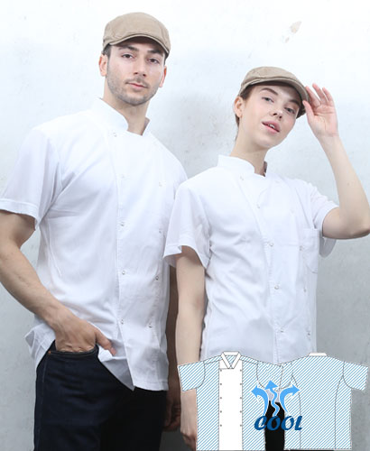 KO-3422 화이트 투버튼 쿨매쉬 반팔 조리복