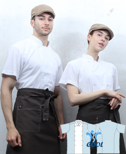 KO-3422 화이트 투버튼 쿨매쉬 반팔 조리복