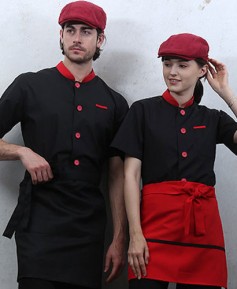 KO-1825 검정적띠 배색 싱글단추 반팔 조리복