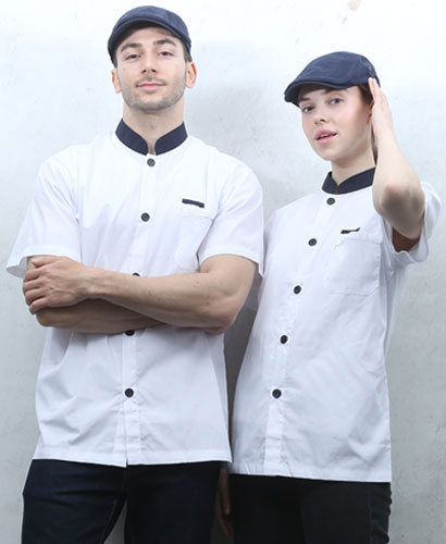 KO-1823 백색네이비띠 배색 싱글단추 반팔 조리복