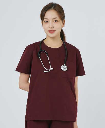 201W-4 여성 쿨스판 크루넥 베이직 스크럽 버건디