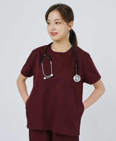 201W-4 여성 쿨스판 크루넥 베이직 스크럽 버건디
