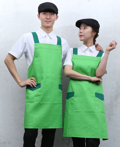 AP-736 연두 어깨끈 배색 앞치마ㅡㅡㅡ ◐면혼방◑