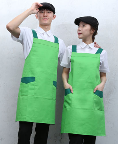 AP-736 연두 어깨끈 배색 앞치마ㅡㅡㅡ ◐면혼방◑