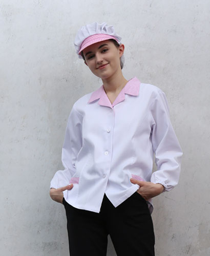 HA-35 20수 핑크체크 카라형 위생복