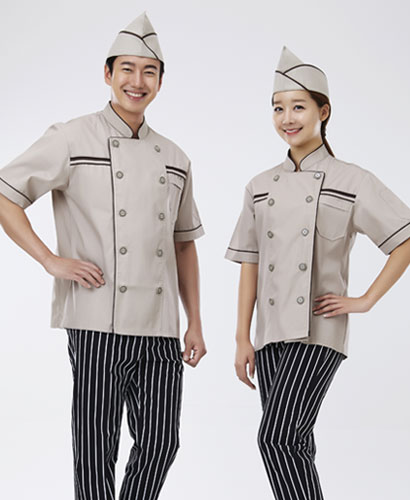 CO-58 갈색 띠 베이지 반팔 조리복